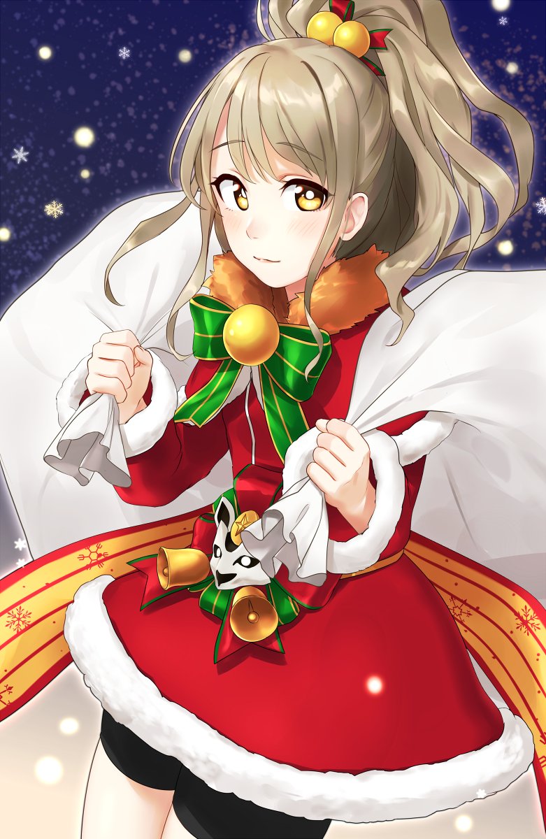 1girl bell bike_shorts blush bow bowtie brown_hair capelet closed_mouth curly_hair dress fur-trimmed_capelet fur_trim high_ponytail highres holding holding_sack jingle_bell kurofuti light_smile lion_mask night outdoors ribbon sack santa_costume santa_dress shishiou_(tenka_hyakken) sidelocks snowflakes snowing solo tenka_hyakken yellow_eyes