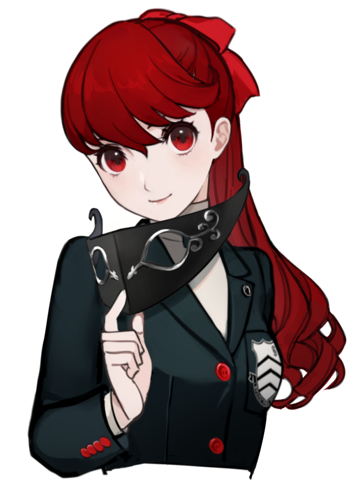 1girl black_jacket black_mask bow breast_pocket buttons cropped_torso hair_between_eyes hair_bow holding holding_mask jacket long_hair long_sleeves looking_at_viewer mask mudo_on8 persona persona_5 persona_5_the_royal pocket ponytail red_bow red_eyes redhead school_uniform shuujin_academy_school_uniform simple_background smile solo upper_body white_background yoshizawa_kasumi