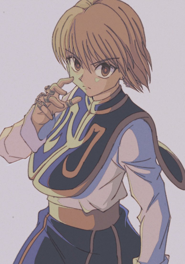 1boy bad_id bad_twitter_id blonde_hair closed_mouth enoki_(gongindon) feet_out_of_frame hand_up hunter_x_hunter kurapika long_sleeves looking_at_viewer male_focus muted_color official_style red_eyes serious shirt short_hair simple_background solo white_shirt wind