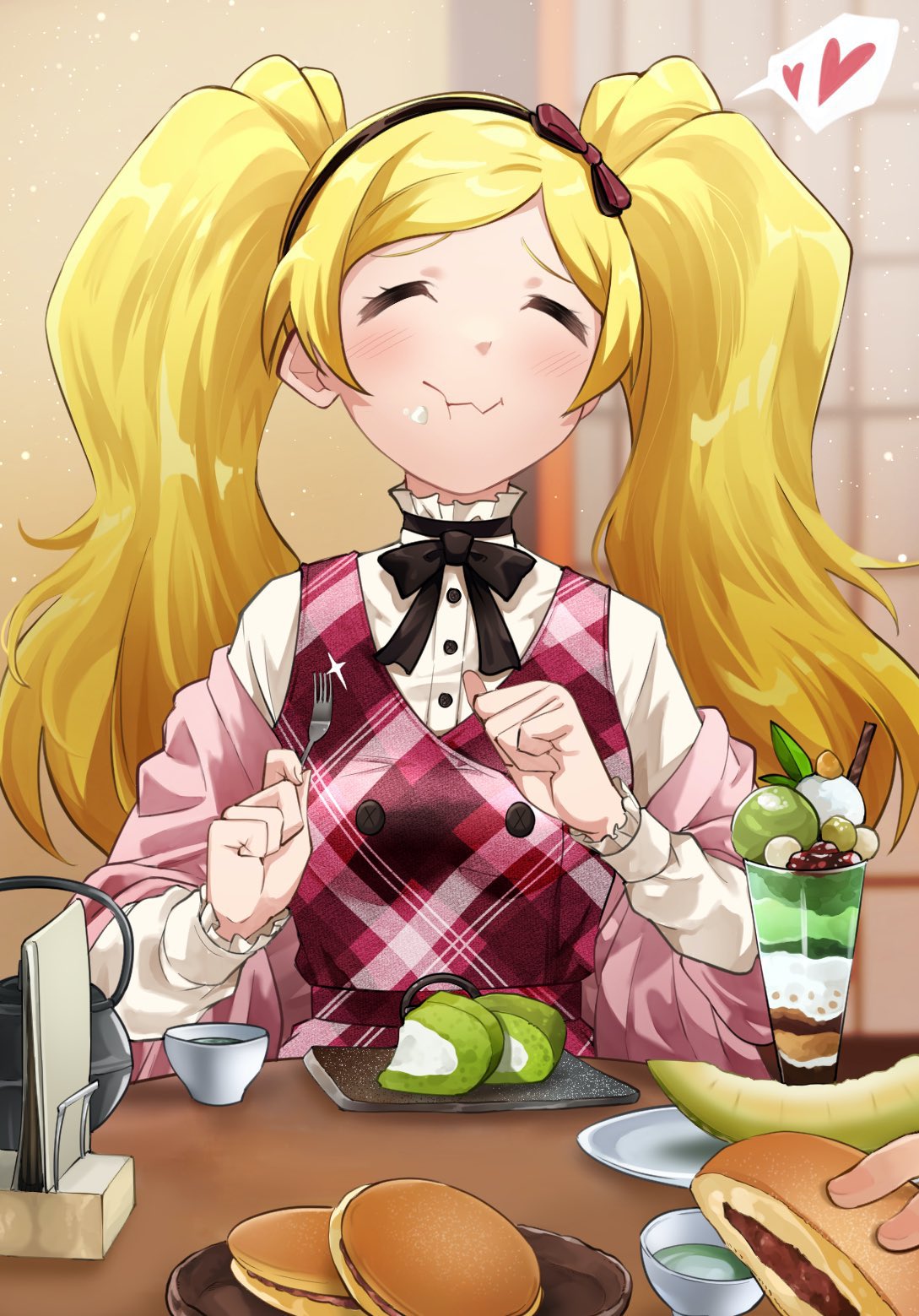 1girl 1maizu3 ^_^ black_bow black_bowtie blonde_hair blush bow bowtie chocolate closed_eyes cream dorayaki eating emily_stewart food food_on_face fork frilled_shirt frills fruit hairband happy heart highres holding holding_fork ice_cream idolmaster idolmaster_million_live! idolmaster_million_live!_theater_days indoors jacket long_hair long_sleeves matcha_(food) melon menu off_shoulder parfait pink_jacket plaid plaid_skirt plate red_skirt shirt shouji skirt sliding_doors smile solo speech_bubble suspender_skirt suspenders table teapot twintails wagashi white_shirt