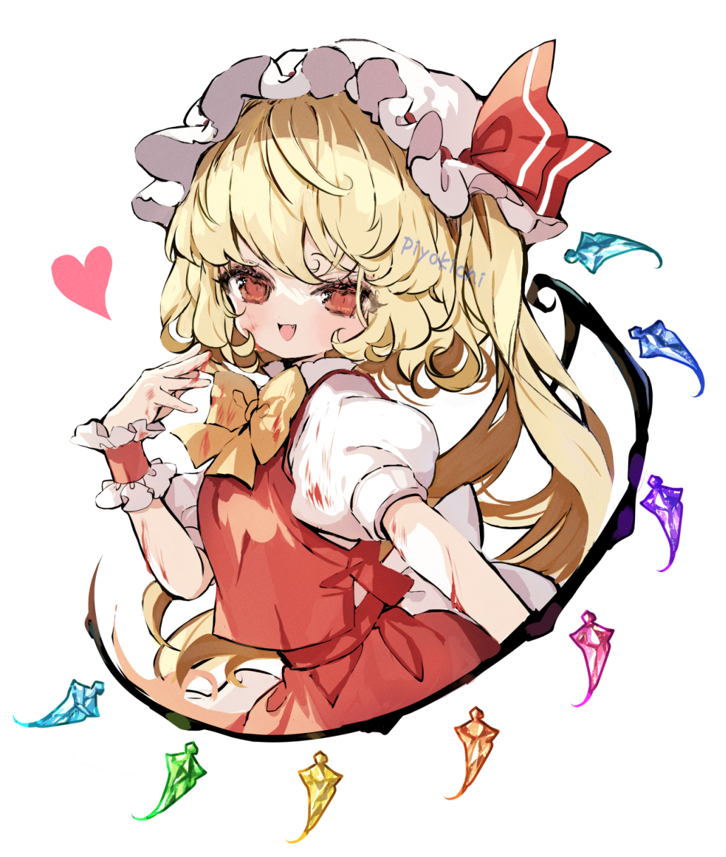 artist_name blonde_hair blood blood_on_clothes blood_on_hands bow crystal_wings flandre_scarlet hat hat_bow heart highres mob_cap open_mouth piyokichi red_bow red_eyes side_ponytail smile touhou wings yellow_bow