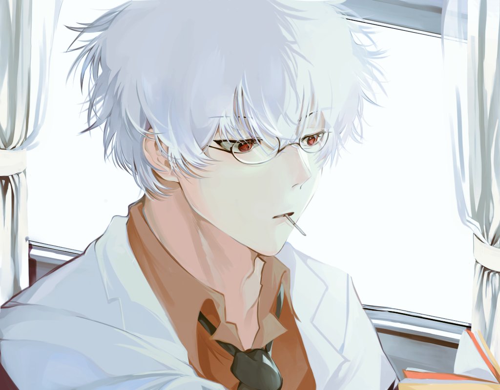 1boy commentary_request curtains food_in_mouth gintama glasses grey_hair indoors lab_coat lm_skeleton loose_necktie male_focus necktie official_alternate_costume popsicle_in_mouth reading red_eyes sakata_gintoki sitting solo upper_body window