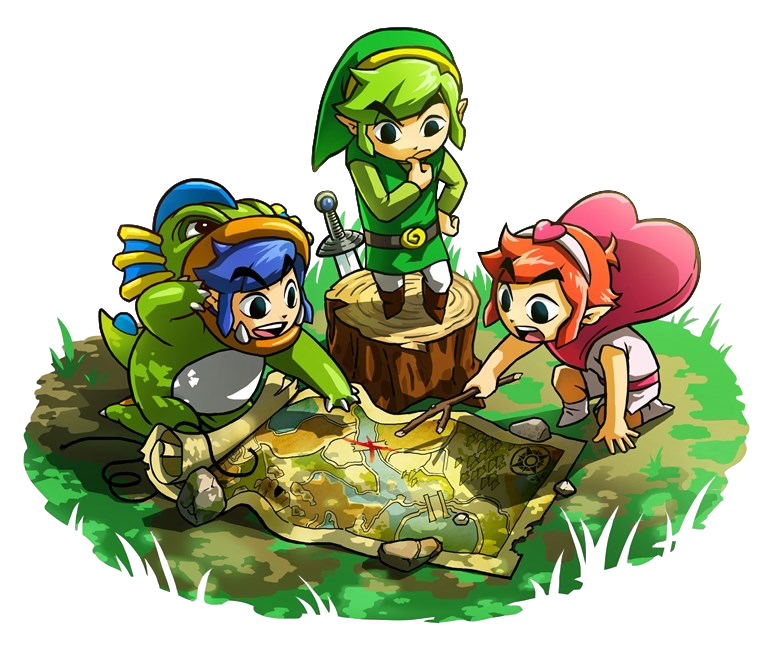 3boys animal_costume belt blue_hair brown_footwear grass green_hair green_headwear green_tunic headband heart holding holding_stick link map multiple_boys multiple_persona official_art open_mouth pointy_ears redhead short_hair stick sword teeth the_legend_of_zelda the_legend_of_zelda:_tri_force_heroes toon_link transparent_background tree_stump upper_teeth_only weapon