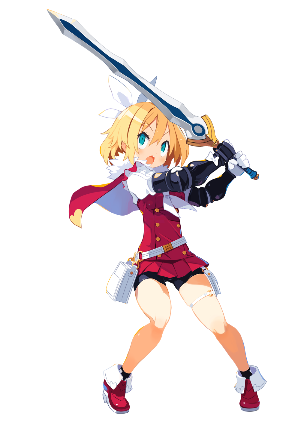 1girl bike_shorts blonde_hair blue_eyes capelet full_body fur_trim gloves harada_takehito highres holding holding_sword holding_weapon medium_hair microskirt official_art open_mouth photoshop_(medium) pleated_skirt red_footwear red_skirt shikabane-gurai_no_bouken_meshi skirt solo standing sword transparent_background two-handed weapon
