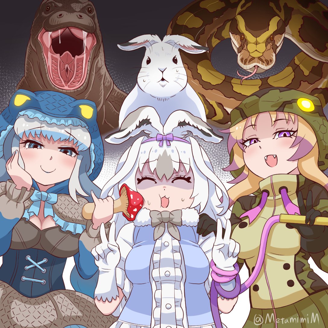 3girls african_rock_python_(kemono_friends) animal animal_ears animal_hood blue_eyes blue_lips blush bow bowtie breasts brown_hair c: capelet center_frills cheek_poking closed_eyes closed_mouth corset double_v drawstring dress eyelashes facing_viewer fangs frills fur_collar furrowed_brow gloves glowing glowing_clothes grey_hair hairband hand_on_another's_shoulder hand_on_own_cheek hand_on_own_face hands_up holding holding_mushroom holding_whip hood hood_up hooded_jacket jacket kemono_friends komodo_dragon komodo_dragon_(kemono_friends) lipstick lizard long_hair long_sleeves looking_at_viewer makeup medium_breasts metamimi multicolored_hair multiple_girls mushroom open_mouth pinky_out poking purple_hair rabbit rabbit_ears scared shaded_face shirt skirt smile snake snake_hood snowshoe_hare_(kemono_friends) sweat twintails twitter_username two-tone_hair upper_body v vest violet_eyes whip white_hair you_gonna_get_raped zipper