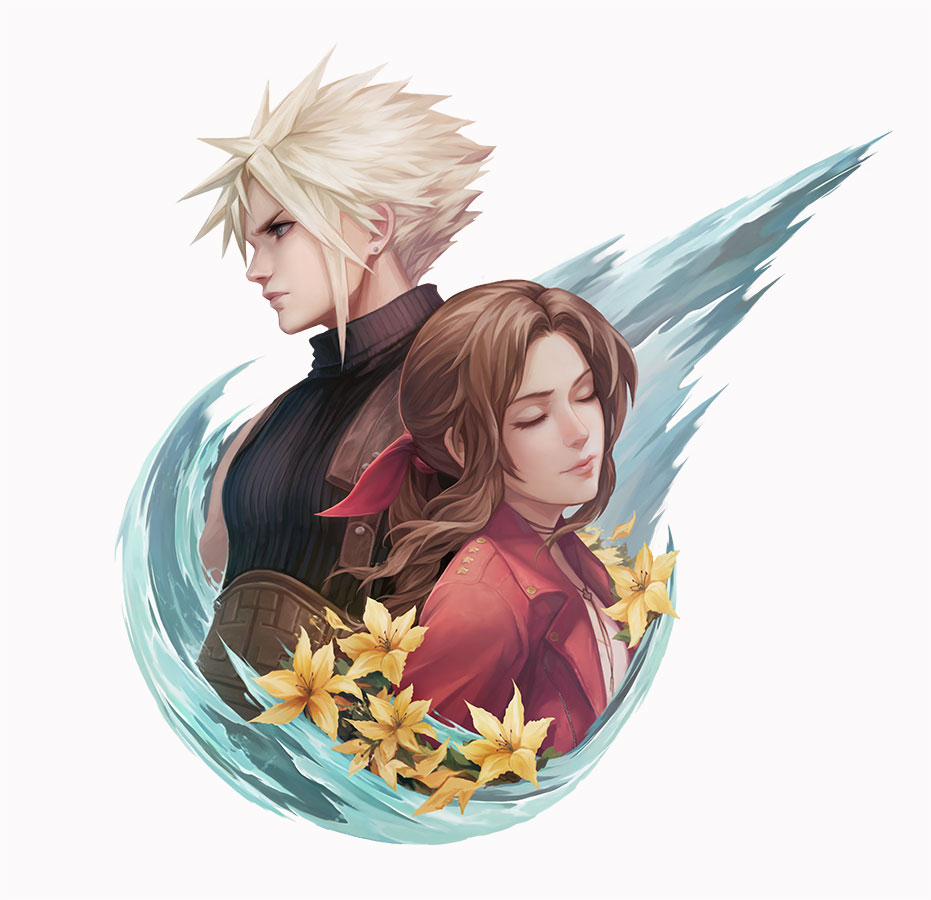 aerith_gainsborough back-to-back blonde_hair brown_hair closed_eyes cloud_strife earrings final_fantasy final_fantasy_vii final_fantasy_vii_remake flower hair_ribbon jacket jewelry leather_belt light_frown logo meteor muju ribbon single_earring spiky_hair turtleneck yellow_flower