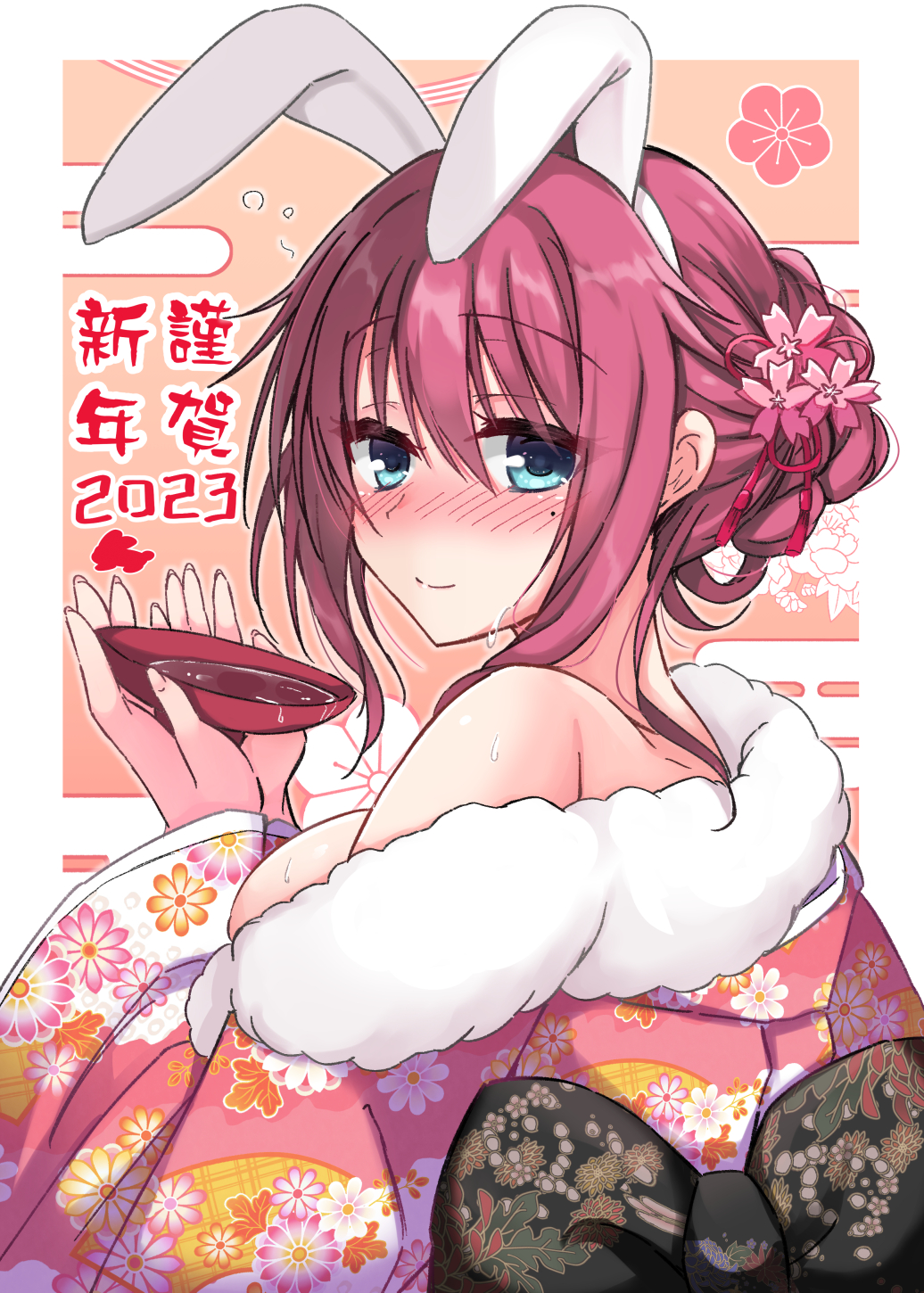 1girl 2023 alcohol animal_ears back_bow bare_shoulders black_bow blue_eyes blush bow breasts cherry_blossom_print chinese_zodiac closed_mouth commentary_request cup dated double-parted_bangs eyelashes eyes_visible_through_hair fake_animal_ears floral_print flower full-face_blush fur-trimmed_kimono fur_trim hair_between_eyes hair_flower hair_ornament hair_over_shoulder half_updo hand_up happy_new_year highres holding holding_cup igarashi_kenji japanese_clothes kimono large_breasts long_hair long_sleeves looking_at_viewer looking_back maniwa_roka mole mole_under_eye nengajou new_year off_shoulder pink_flower pink_kimono purple_hair rabbit_ears red_tassel sakazuki sake senren_banka sideboob smile solo sweat tassel tassel_hair_ornament upper_body white_fur wide_sleeves year_of_the_rabbit yukata