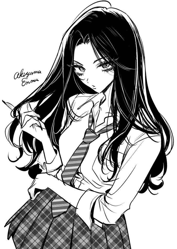 1girl akiyama_enma collared_shirt copyright_request dress_shirt greyscale hair_twirling hand_in_own_hair long_hair looking_at_viewer monochrome nail_polish necktie parted_bangs parted_lips plaid plaid_skirt playing_with_own_hair pleated_skirt pointing school_uniform screentones shirt skirt solo