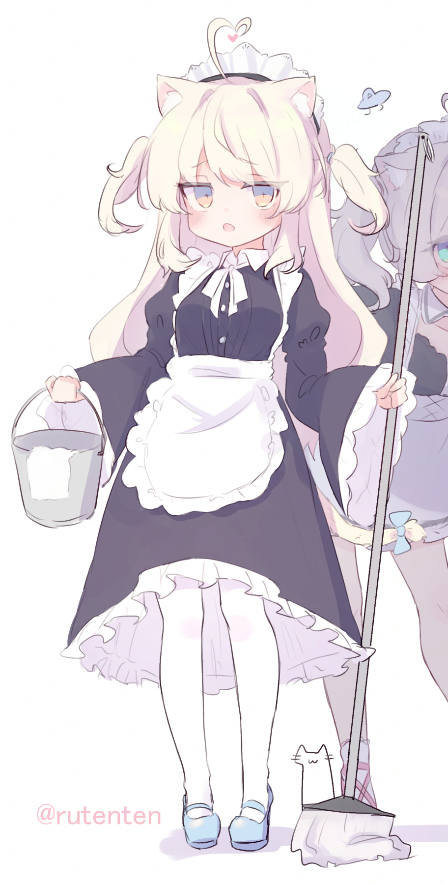 2girls :o ahoge animal_ears apron black_dress blonde_hair blue_footwear blush bucket cat_ears cat_girl cat_tail collared_shirt dress frilled_apron frilled_dress frilled_sleeves frills full_body green_eyes grey_hair hand_towel heart heart_ahoge highres holding holding_bucket holding_mop juliet_sleeves layered_clothes long_bangs long_hair long_sleeves looking_at_viewer maid maid_headdress mop multiple_girls neck_ribbon open_mouth orange_eyes original out_of_frame pantyhose puffy_sleeves ribbon ruten_(onakasukusuku) shadow shirt shoes simple_background tail twitter_username two_side_up waist_apron watermark white_apron white_background white_pantyhose white_ribbon white_shirt wide_sleeves