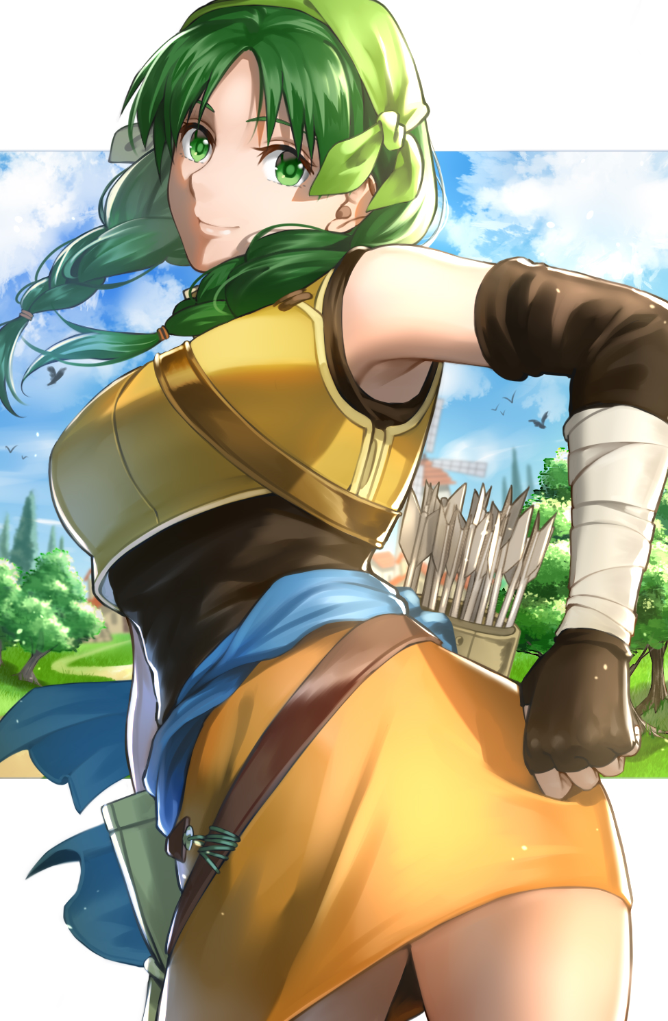 1girl arrow_(projectile) bandana bare_shoulders black_gloves black_shirt braid closed_mouth delsaber elbow_gloves fingerless_gloves fire_emblem fire_emblem:_the_blazing_blade gloves green_eyes green_hair highres long_hair looking_at_viewer outdoors quiver rebecca_(fire_emblem) shirt smile solo twin_braids twintails zettai_ryouiki