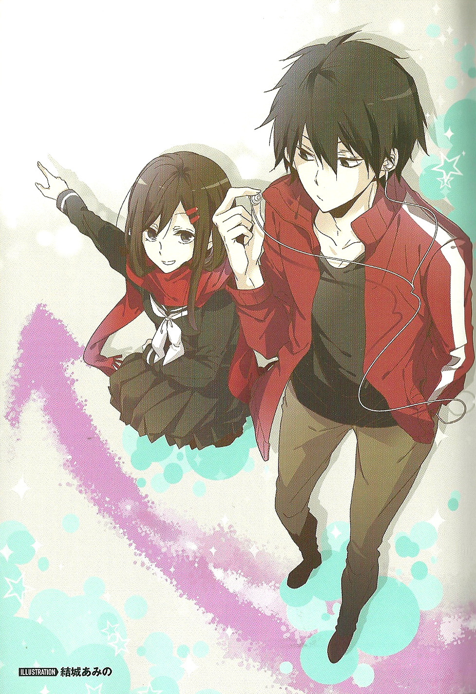 1boy 1girl amino69 arrow_(symbol) artist_name black_eyes black_footwear black_hair black_sailor_collar black_serafuku black_shirt black_skirt brown_hair brown_pants closed_mouth collarbone collared_jacket cropped_legs double-parted_bangs earphones enpera from_above full_body hair_between_eyes hair_ornament hairclip hand_in_pocket highres holding holding_earphones jacket kagerou_project kisaragi_shintarou light_blue_background long_bangs long_hair long_sleeves looking_at_viewer looking_to_the_side neckerchief open_clothes open_jacket pants pleated_skirt pocket pointing pointing_to_the_side popped_collar purple_background red_jacket sailor_collar scan school_uniform serafuku shirt shoes single_earphone_removed single_stripe single_vertical_stripe skirt smile striped t-shirt tateyama_ayano third-party_source track_jacket white_background white_neckerchief white_stripes