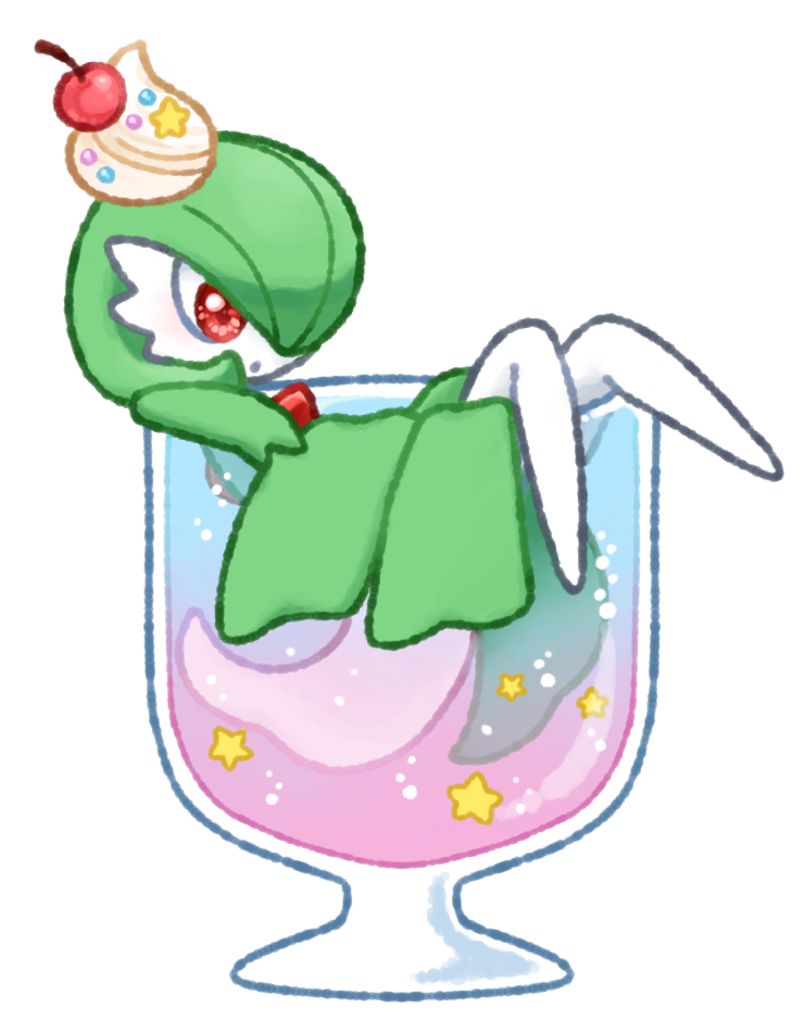 1girl blush bob_cut cherry colored_skin commentary_request cream cup drink drinking_glass food food_focus food_on_head from_side fruit full_body gardevoir green_hair green_skin hair_over_one_eye in_food legs light_blush muguet multicolored_skin object_on_head one_eye_covered open_mouth partially_submerged pokemon pokemon_(creature) red_eyes short_hair simple_background solo star_(symbol) two-tone_skin white_background white_skin