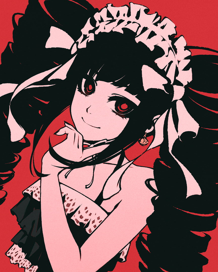 1girl bare_shoulders black_hair black_nails bow celestia_ludenberg closed_mouth danganronpa:_trigger_happy_havoc danganronpa_(series) dress drill_hair earrings frilled_dress frills gothic_lolita hair_ribbon hairband hand_on_own_chin jewelry lolita_fashion lolita_hairband long_hair looking_at_viewer moshimoshibe nail_polish red_background red_eyes ribbon simple_background smile solo twin_drills upper_body