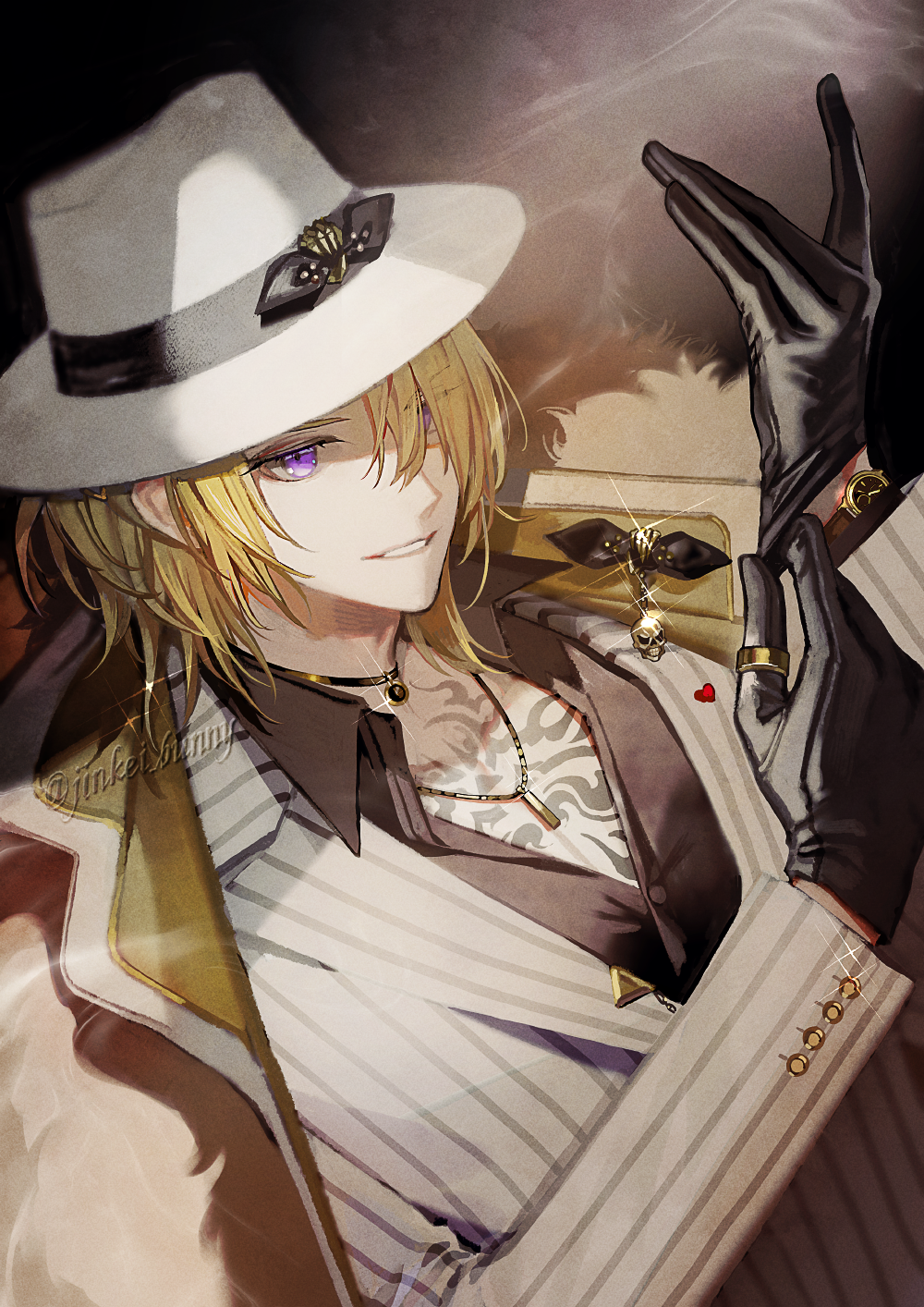 1boy black_choker black_gloves black_shirt blonde_hair bow buttoned_cuffs choker collared_shirt dutch_angle fedora formal fur-trimmed_jacket fur_trim glint glove_pull gloves grin hair_over_one_eye hat hat_bow highres jacket jacket_on_shoulders jewelry koshika_rina lapels layered_clothes leather leather_gloves long_bangs looking_at_viewer luca_kaneshiro male_focus medium_hair nijisanji nijisanji_en open_clothes open_collar open_jacket open_mouth pendant pendant_choker ring shirt sidelocks smile solo striped_suit suit teeth violet_eyes white_headwear white_suit