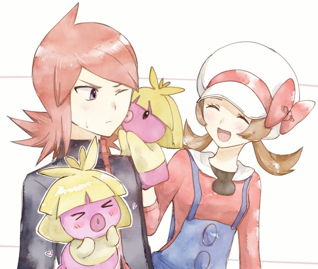 1boy 1girl :d asuka_rkgk blush bow brown_hair closed_eyes closed_mouth commentary_request eyelashes hand_puppet hat hat_bow heart jacket long_hair lyra_(pokemon) one_eye_closed open_mouth overalls pokemon pokemon_(creature) pokemon_(game) pokemon_hgss puppet red_bow shirt silver_(pokemon) smile smoochum sweatdrop turtleneck turtleneck_jacket twintails white_headwear