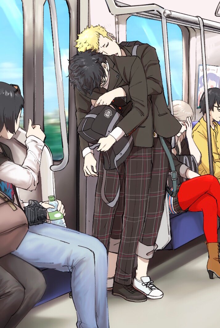 2girls 3girls amamiya_ren bag black_footwear black_hair black_jacket blonde_hair bottle camera closed_eyes crossed_arms day facepalm glasses holding holding_bag holding_bottle jacket long_sleeves multiple_boys multiple_girls narumi_(62rimi) ohya_ichiko pants pantyhose persona persona_5 photo-referenced plaid plaid_pants red_pantyhose sakamoto_ryuuji school_uniform shuujin_academy_school_uniform sitting sleeping sleeping_upright standing takamaki_anne thumbs_up train train_interior white_footwear