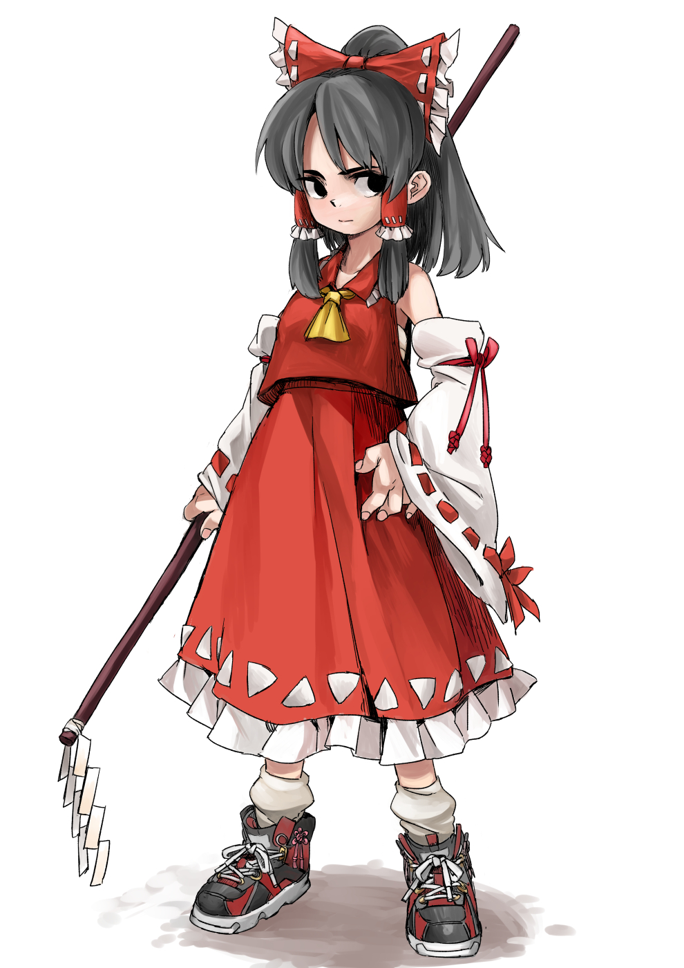 1girl alternate_footwear ascot bare_shoulders black_eyes bow breasts commentary_request detached_sleeves frilled_hair_tubes frilled_shirt_collar frills full_body gohei grey_hair hair_bow hair_tubes hakama hakurei_reimu hand_on_own_hip high_ponytail high_tops highres holding holding_stick japanese_clothes long_hair long_sleeves looking_to_the_side red_bow red_hakama red_skirt red_vest rightorisamraido3 shadow shoes simple_background skirt skirt_set sleeves_past_wrists small_breasts sneakers solo standing stick touhou vest white_background wide_sleeves yellow_ascot