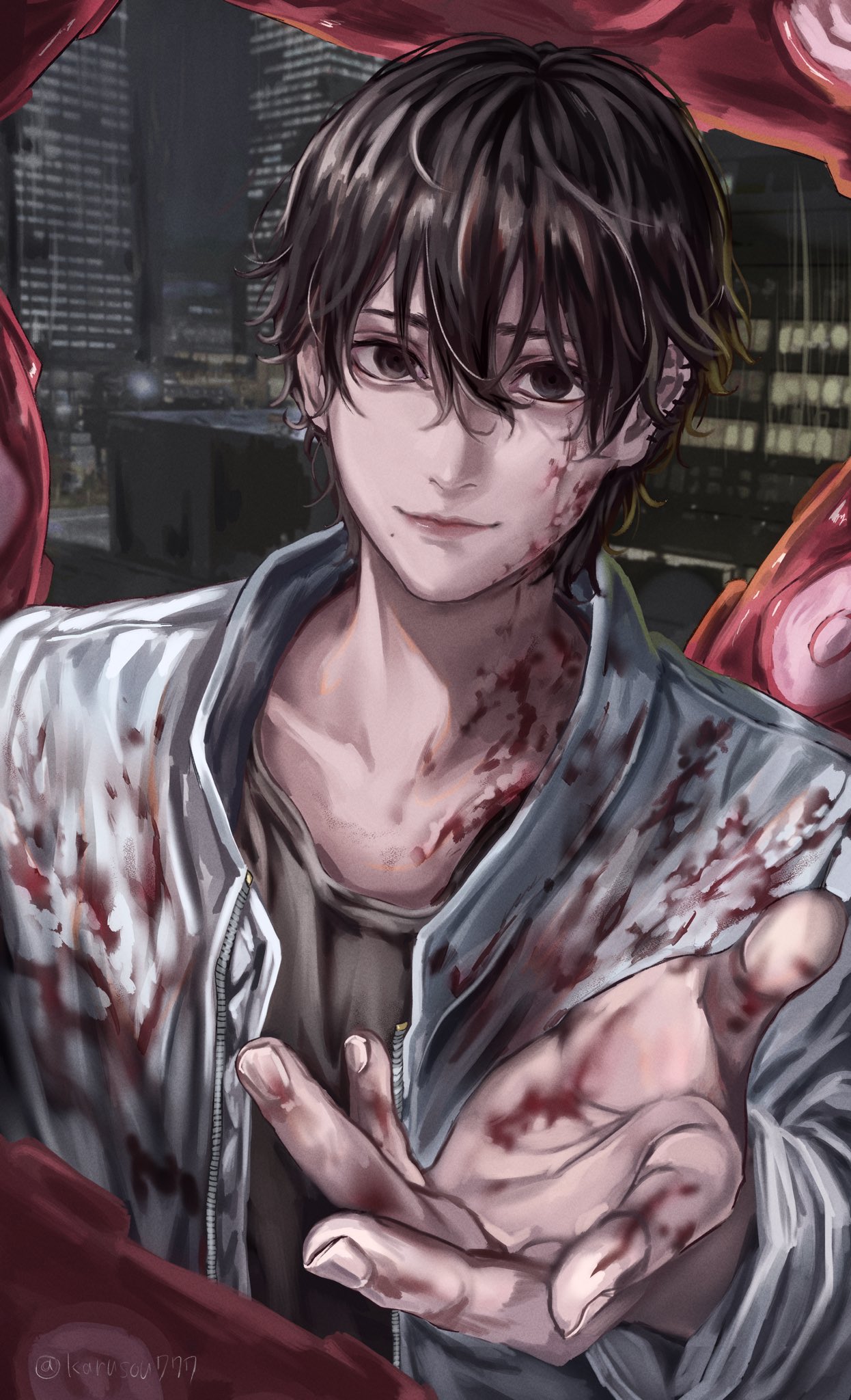 1boy black_hair black_shirt blood blood_on_clothes blood_on_face chainsaw_man ear_piercing highres jacket karusou777 looking_at_viewer mole mole_under_mouth multiple_piercings octopus_devil_(chainsaw_man) piercing reaching reaching_towards_viewer shirt short_hair smile solo tentacles white_jacket yoshida_hirofumi