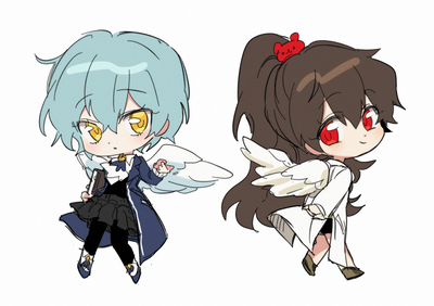 2girls angel_wings angela_(project_moon) bbunny bear_hair_ornament black_dress blue_coat blue_hair brown_hair carmen_(project_moon) chibi closed_mouth coat dress hair_ornament high_ponytail lab_coat library_of_ruina long_hair looking_at_viewer lowres multiple_girls project_moon red_eyes short_hair simple_background smile very_long_hair white_background white_coat wings yellow_eyes