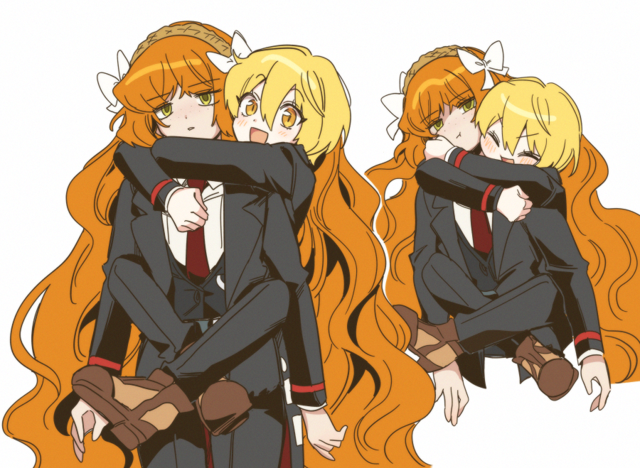 2girls bbunny black_coat black_jacket black_pants black_vest blonde_hair bow closed_eyes coat don_quixote_(limbus_company) freckles green_eyes hair_bow happy hug hug_from_behind ishmael_(limbus_company) jacket leg_lock limbus_company long_hair long_sleeves looking_at_viewer multiple_girls open_mouth orange_hair pants parted_lips pout project_moon shirt short_hair simple_background smile standing_leg_lock very_long_hair vest white_background white_bow white_shirt yellow_eyes