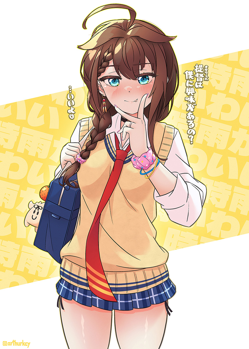 1girl ahoge alternate_costume arthur_ko bag blue_eyes blue_skirt blush braid brown_hair closed_mouth collared_shirt cowboy_shot gyaru hair_flaps highres kantai_collection long_hair long_sleeves necktie pleated_skirt red_necktie school_bag school_uniform shigure_(kancolle) shigure_kai_ni_(kancolle) shirt single_braid skirt smile solo the_yuudachi-like_creature thighs tongue tongue_out twitter_username vest white_shirt yellow_vest