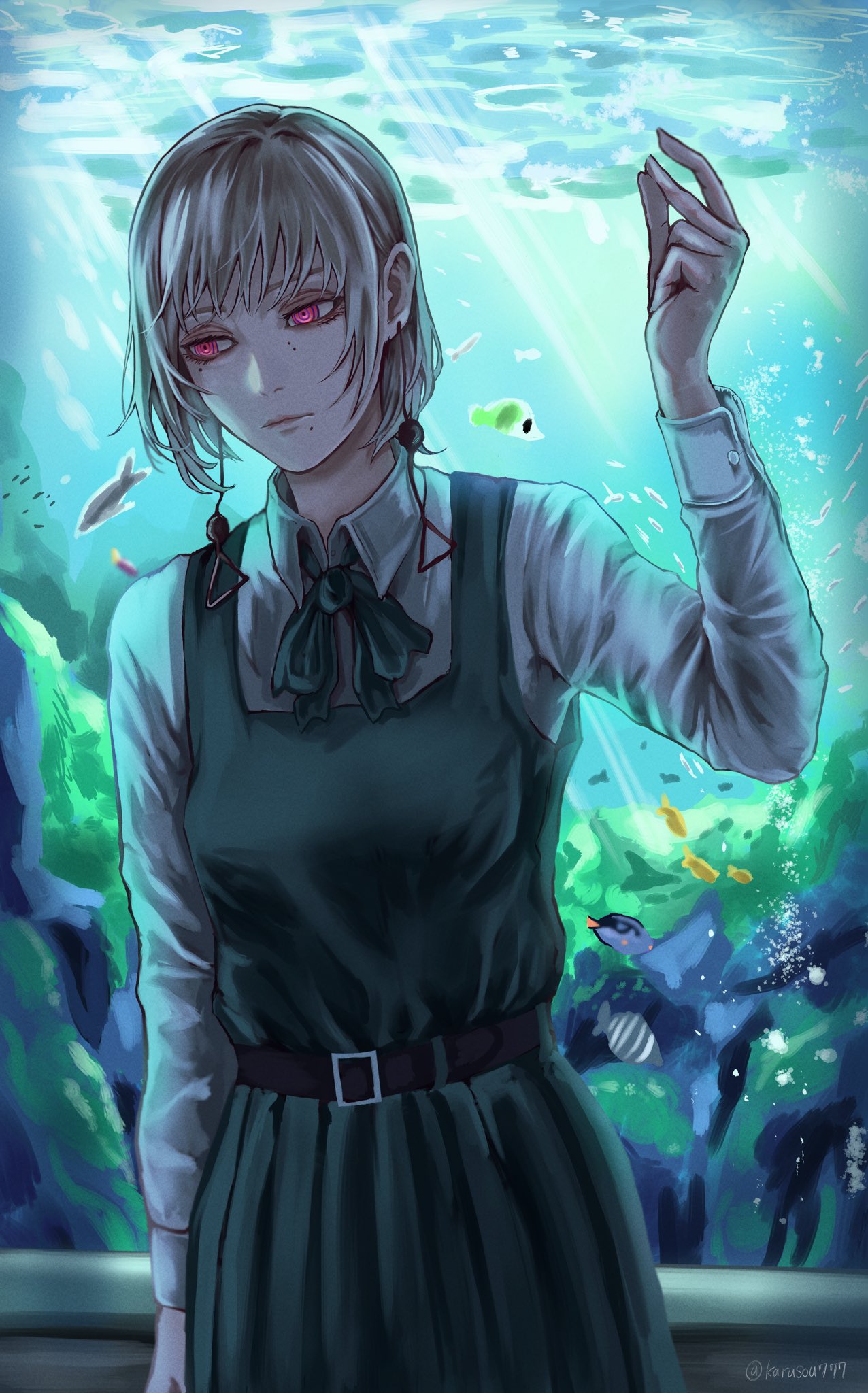 1girl aquarium chainsaw_man dress earrings fami_(chainsaw_man) fourth_east_high_school_uniform grey_hair highres jewelry karusou777 looking_to_the_side mole mole_under_eye mole_under_mouth multiple_moles pinafore_dress pink_eyes ringed_eyes school_uniform short_hair sleeveless sleeveless_dress snapping_fingers solo tassel tassel_earrings twitter_username