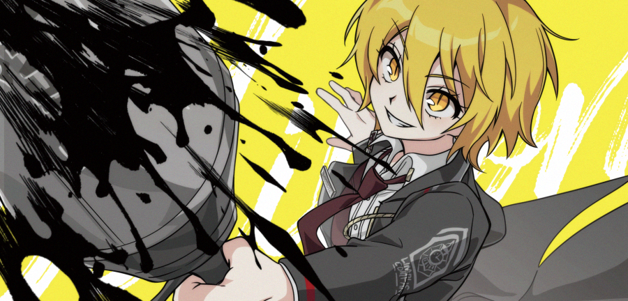 1girl bbunny black_blood black_coat blonde_hair blood coat collared_shirt don_quixote_(limbus_company) grin lance limbus_company long_sleeves looking_to_the_side necktie polearm project_moon red_necktie shirt short_hair smile solo upper_body weapon white_shirt yellow_background yellow_eyes