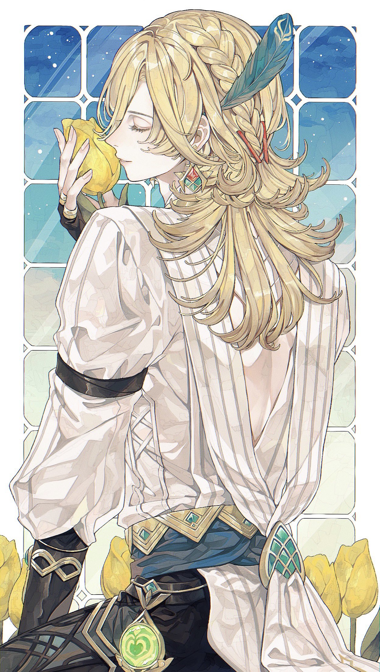1boy back_cutout black_pants blonde_hair braid chiyu_(ixix_zzz) closed_eyes clothing_cutout earrings eyelashes feather_hair_ornament feathers flower genshin_impact hair_between_eyes hair_ornament hairclip highres holding holding_flower jewelry kaveh_(genshin_impact) long_hair long_sleeves male_focus pants parted_lips profile solo tulip vision_(genshin_impact) yellow_flower