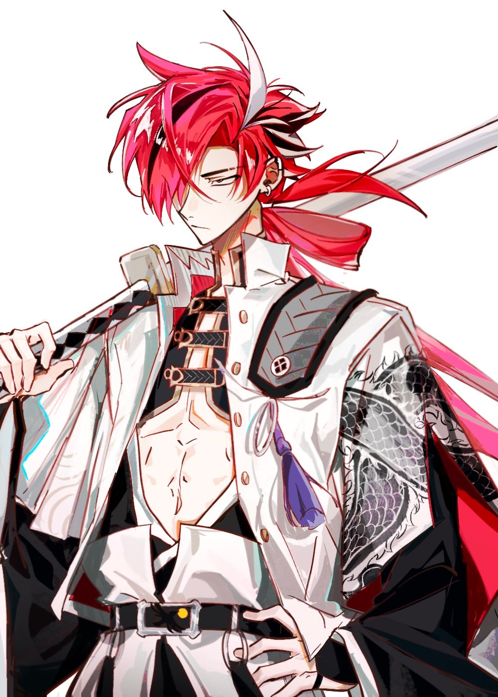 1boy black_hair brendas46157301 dragon_print earrings eyebrow_cut fate/grand_order fate_(series) hair_over_one_eye hand_on_own_hip highres holding holding_sword holding_weapon jacket japanese_clothes jewelry long_hair long_sleeves looking_to_the_side male_focus multicolored_hair nagatekkou over_shoulder pectoral_cleavage pectorals red_eyes redhead simple_background solo streaked_hair sword sword_over_shoulder takasugi_shinsaku_(fate) underpec upper_body weapon weapon_over_shoulder white_background white_hair white_jacket