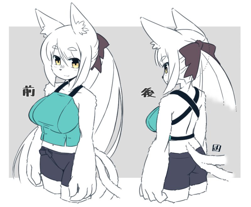 1girl animal_ears ass back backless_shirt black_bow black_shorts body_fur border bow breasts cat_ears cat_girl cat_tail closed_mouth furry furry_female green_shirt grey_background hair_bow large_breasts long_hair looking_at_viewer mawaru_(mawaru) multiple_tails multiple_views original ponytail shirt shorts smile suzubi_(mawaru) tail white_border white_hair yellow_eyes