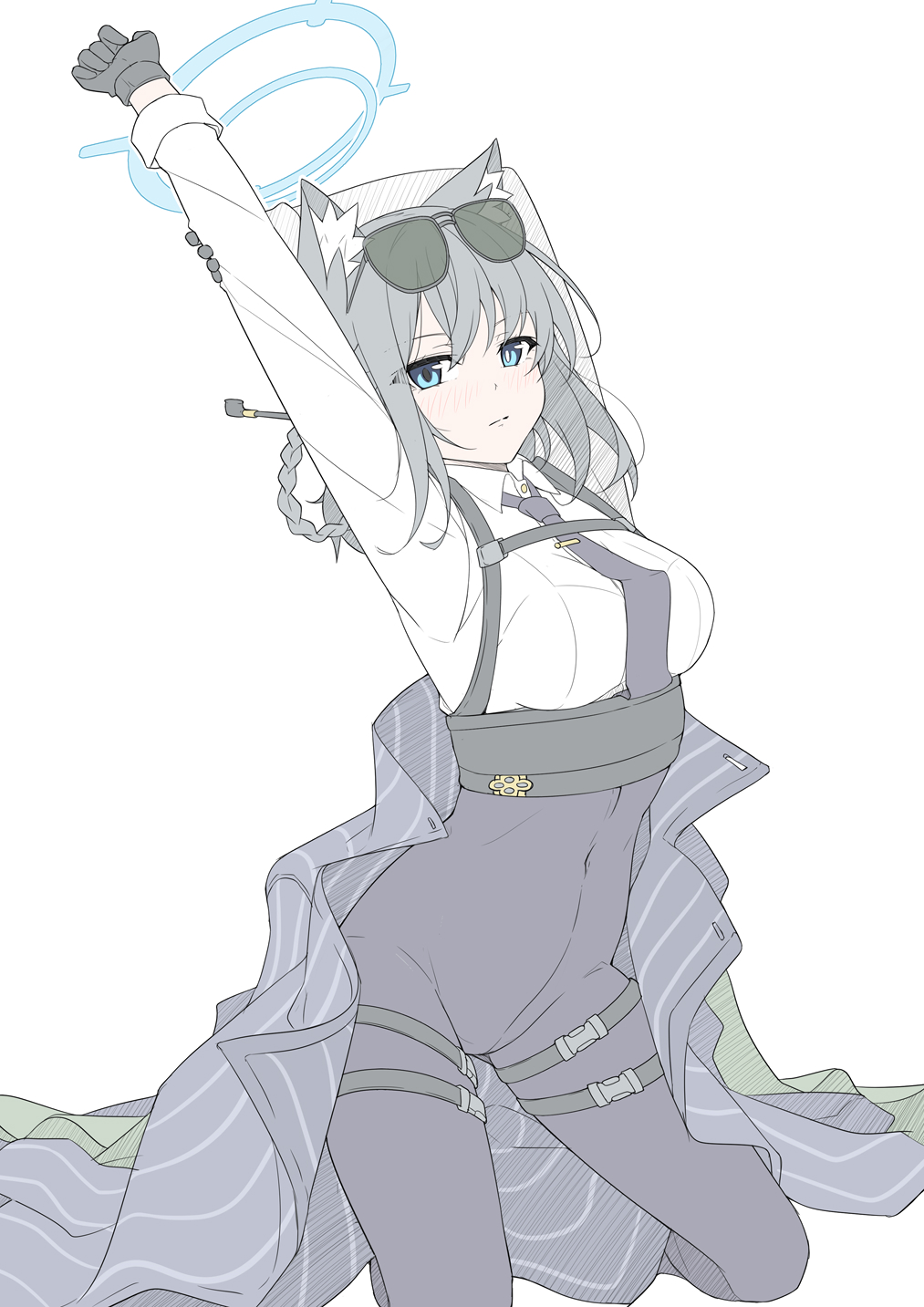 1girl arm_up blue_archive breasts eyewear_on_head grey_hair highres looking_at_viewer masabodo medium_breasts shiroko_(blue_archive) simple_background solo sunglasses white_background