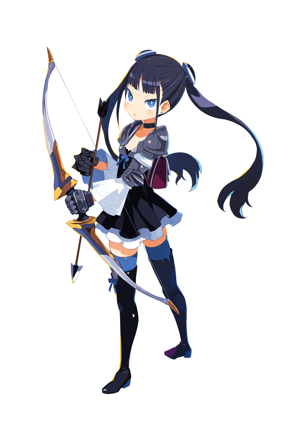 1girl :o armor arrow_(projectile) backpack bag black_choker black_footwear black_hair blue_eyes boots bow_(weapon) bright_pupils choker dress earrings full_body gloves harada_takehito highres holding holding_arrow holding_bow_(weapon) holding_weapon jewelry long_hair long_sleeves official_art pauldrons photoshop_(medium) shikabane-gurai_no_bouken_meshi short_dress shoulder_armor solo standing stud_earrings thigh_boots transparent_background twintails very_long_hair weapon