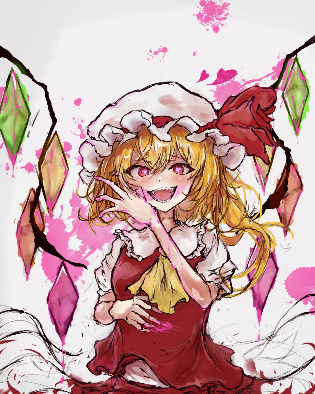 1girl ascot blonde_hair commentary_request crystal fangs flandre_scarlet grey_background hat hat_ribbon heart heart-shaped_pupils highres looking_at_viewer medium_hair mob_cap myui17901139 one_side_up open_mouth red_eyes red_ribbon red_vest ribbon shirt short_sleeves solo stain symbol-shaped_pupils touhou upper_body vest white_headwear white_shirt wings yellow_ascot