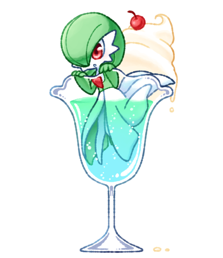 1girl blush bob_cut cherry chibi colored_skin commentary_request cup drink drinking_glass dripping flat_chest food food_focus fruit gardevoir green_hair green_skin hair_over_one_eye hands_up ice_cream ice_cream_float in_food knees_together_feet_apart light_blush muguet multicolored_skin one_eye_covered open_mouth parted_lips partially_submerged pokemon pokemon_(creature) red_eyes short_hair simple_background solo two-tone_skin white_background white_skin
