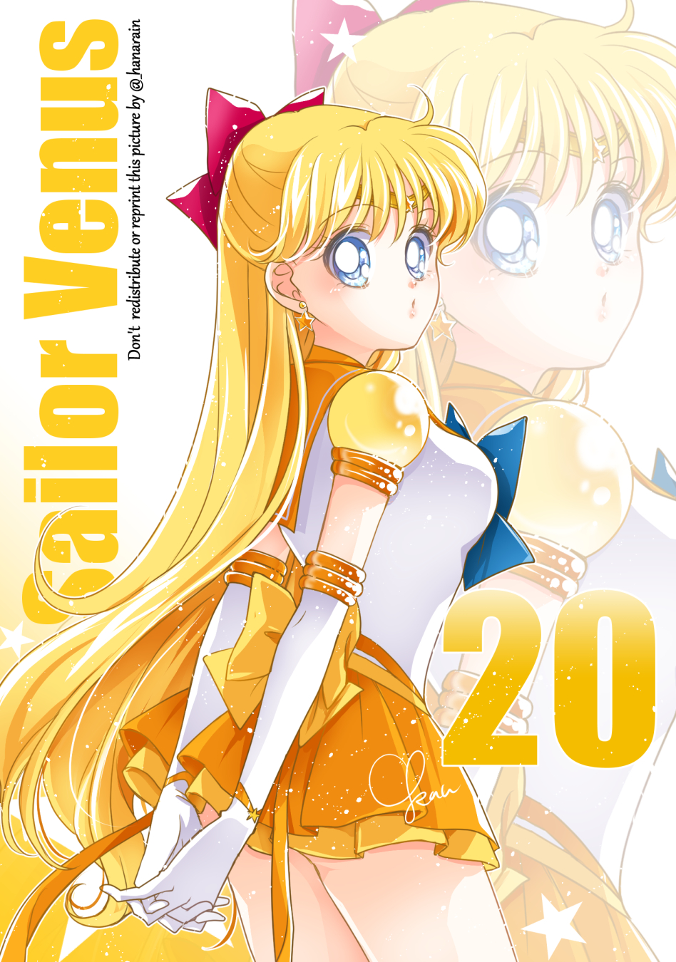 1girl aino_minako arms_behind_back ass back_bow bishoujo_senshi_sailor_moon blonde_hair blue_bow blue_bowtie blue_eyes bow bowtie breasts cowboy_shot earrings elbow_gloves gloves hair_bow half_updo highres interlocked_fingers jewelry long_hair looking_back medium_breasts orange_sailor_collar orange_skirt own_hands_together puckered_lips puffy_short_sleeves puffy_sleeves red_bow sailor_collar sailor_senshi_uniform sailor_venus sarashina_kau short_sleeves signature skirt solo star_(symbol) star_earrings thighs tiara twitter_username white_gloves