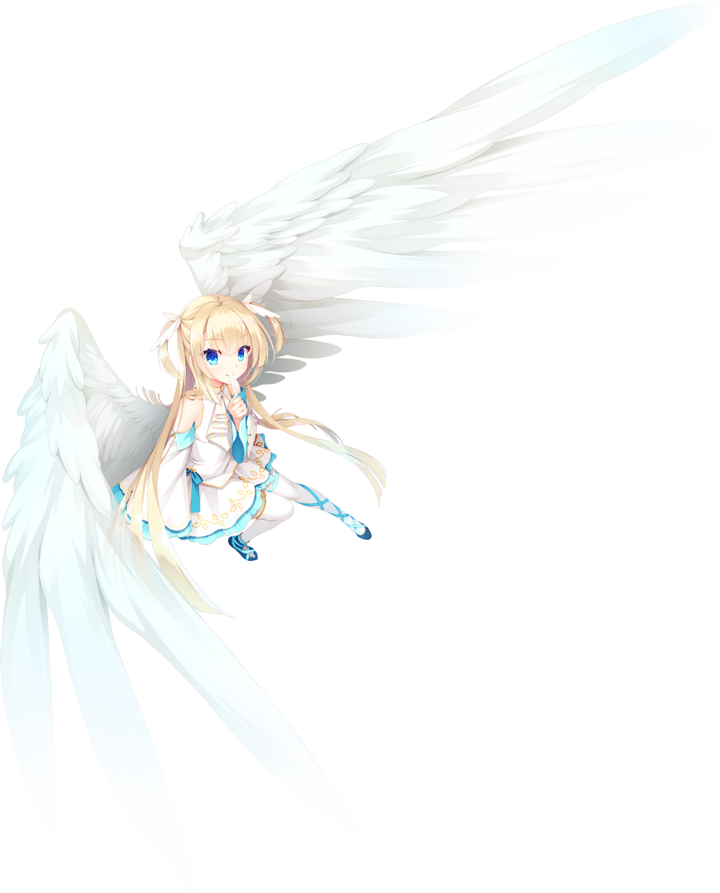 1girl angel angel_wings aqua_ribbon ascot bare_shoulders blonde_hair blue_bow blue_eyes blue_footwear blue_ribbon bow closed_mouth detached_sleeves feathered_wings feathers foreshortening frilled_skirt frills full_body fuyutsuki_tomo half_updo hand_up highres holding holding_feather leg_ribbon long_hair long_sleeves looking_at_viewer miniskirt official_art pleated_skirt ribbon shirayuki_noa shirt sidelocks simple_background skirt sleeveless sleeveless_shirt smile solo straight_hair tenshi_souzou thigh-highs transparent_background two_side_up very_long_hair white_ascot white_feathers white_shirt white_skirt white_sleeves white_thighhighs white_wings wide_sleeves wing_hair_ornament wings zettai_ryouiki
