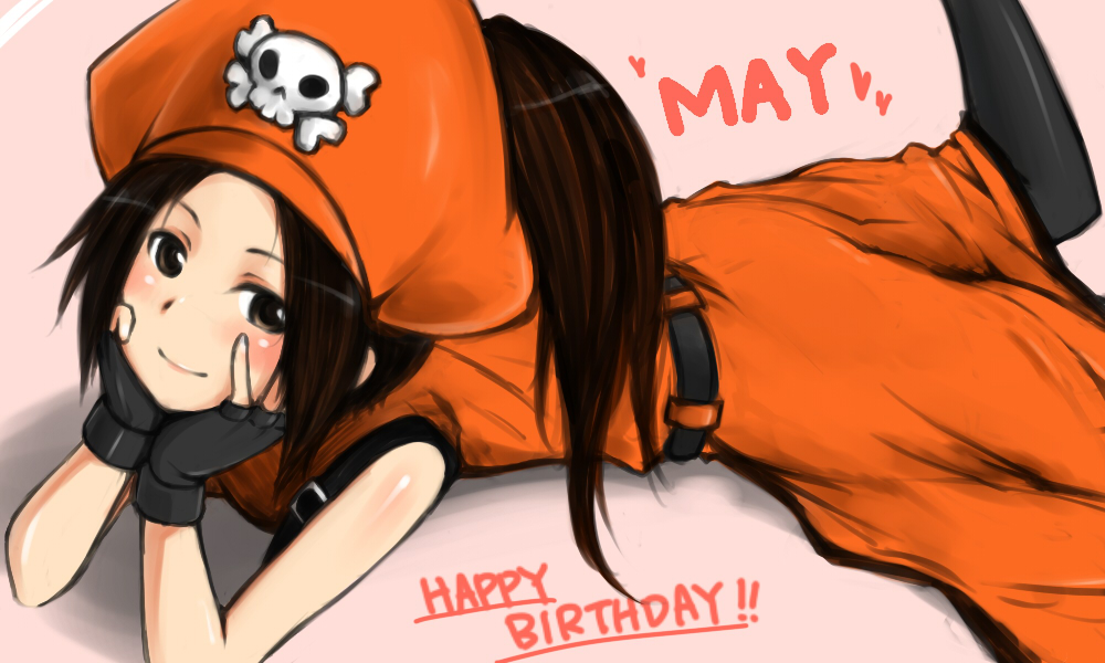 birthday blush brown_eyes brown_hair doombring007 fingerless_gloves gloves guilty_gear hat heart long_hair may may_(guilty_gear) pantyhose pirate pirate_hat skull_and_crossbones smile