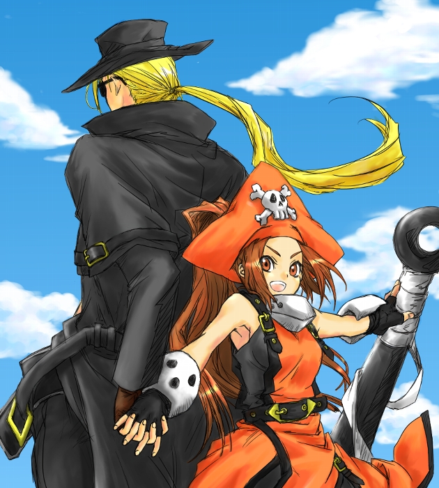 anchor back-to-back belt blonde_hair brown_eyes brown_hair cloud clouds fingerless_gloves gloves guilty_gear hand_holding hat holding_hands johnny johnny_(guilty_gear) long_hair may may_(guilty_gear) pirate pirate_hat skull_and_crossbones sunglasses