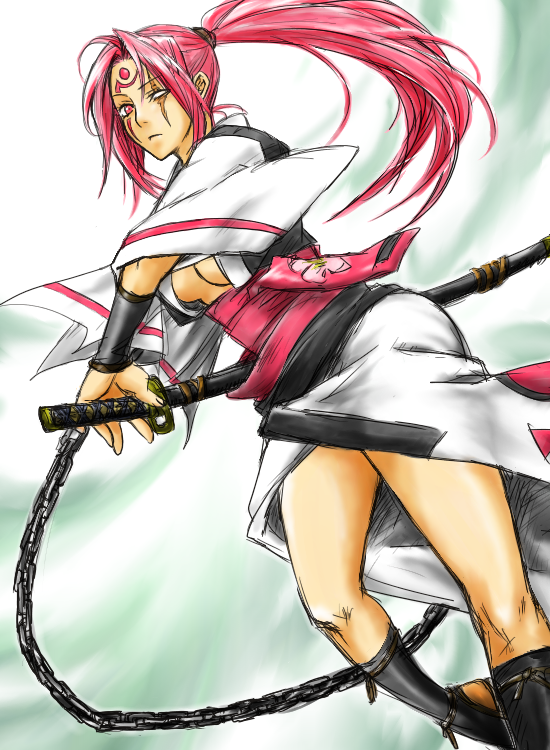 baiken breasts chain chains cleavage guilty_gear japanese_clothes kimono leg_warmers obi one-eyed open_kimono pink_eyes pink_hair ponytail sandals scar solo sword tattoo under_boob underboob weapon