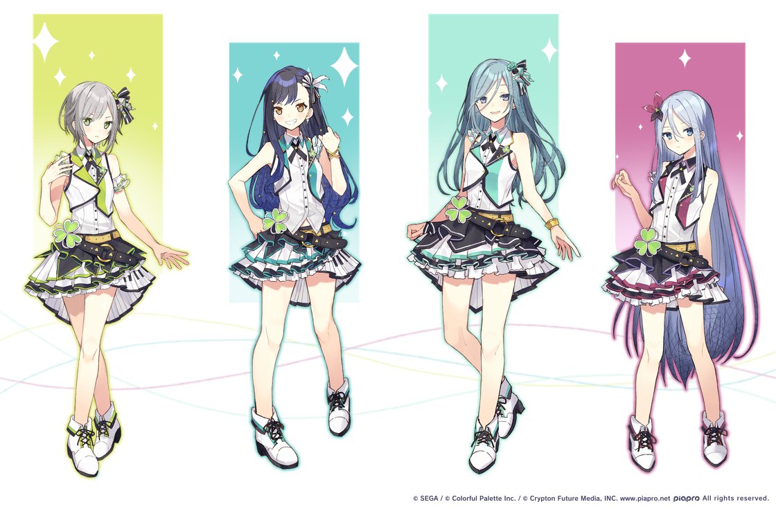4girls ankle_boots april_fools black_hair blue_eyes blue_hair boots bow bracelet closed_mouth commentary_request cross_tie full_body gradient_hair green_background grey_hair hair_between_eyes hair_bow happy_synthesizer_(vocaloid) hinomori_shiho hinomori_shizuku idol jewelry layered_skirt lineup long_hair looking_at_viewer miwasiba multicolored_bow multicolored_clothes multicolored_hair multicolored_skirt multiple_girls open_mouth parted_lips project_sekai shiraishi_an shirt siblings sisters skirt sleeveless sleeveless_shirt smile sparkle very_long_hair vest white_footwear white_hair white_shirt white_vest yoisaki_kanade
