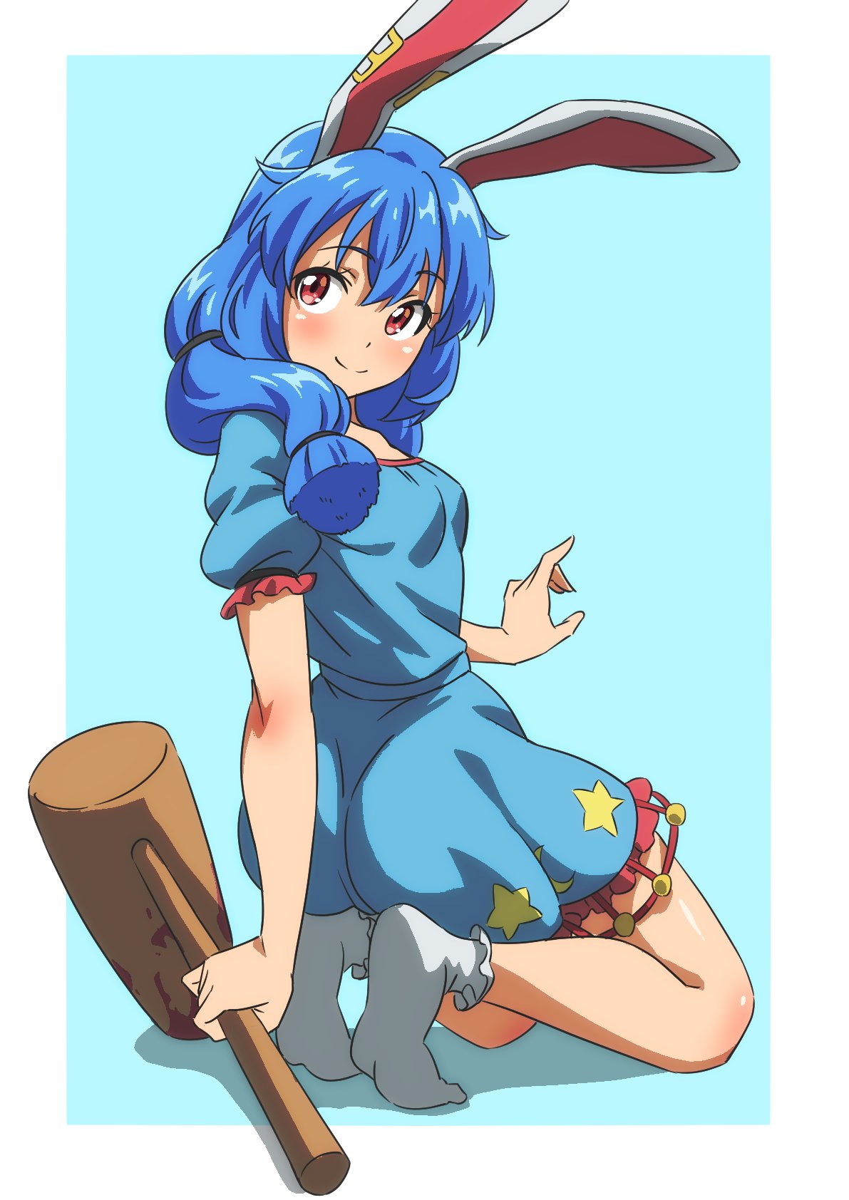 1girl ambiguous_red_liquid animal_ears blue_dress blue_hair closed_mouth crescent_print dress earclip full_body gyouza_(mhea5724) hair_between_eyes highres kine long_hair looking_at_viewer mallet rabbit_ears red_eyes seiran_(touhou) short_sleeves smile socks solo star_(symbol) star_print touhou white_socks