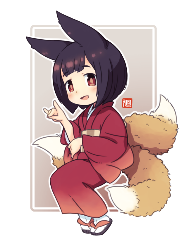 1girl :d animal_ears bob_cut brown_hair fox_ears fox_girl fox_shadow_puppet fox_tail full_body invisible_chair japanese_clothes kimono kukuri_(mawaru) long_sleeves looking_at_viewer mawaru_(mawaru) multiple_tails obi open_mouth original outline red_eyes red_kimono sash short_hair sitting smile socks solo tail white_background white_outline white_socks zouri