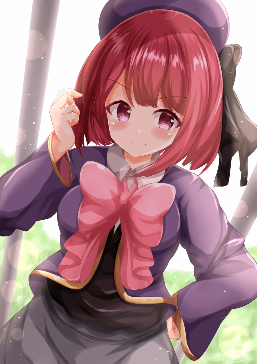 &gt;:) 1girl arima_kana beret black_bow black_dress blurry blurry_background blush bow closed_mouth collared_shirt depth_of_field dress hand_on_own_hip hand_up hat highres jacket long_sleeves looking_at_viewer oshi_no_ko pink_bow purple_headwear purple_jacket redhead shirt smile solo v-shaped_eyebrows violet_eyes white_shirt wide_sleeves zenon_(for_achieve)