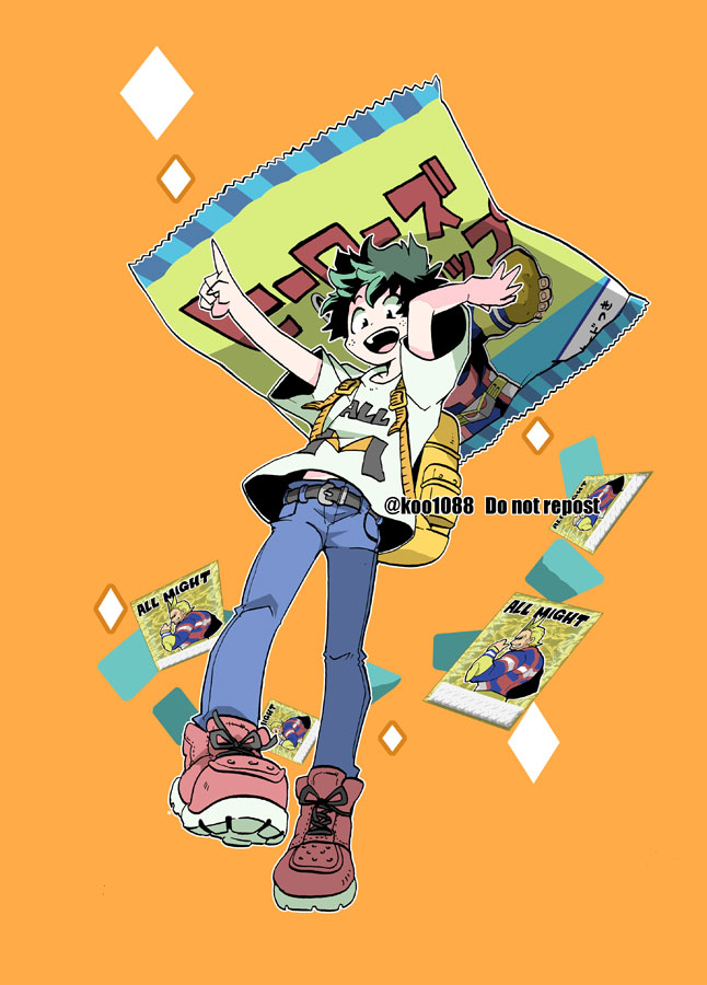 1boy all_might backpack bag boku_no_hero_academia character_name chips_(food) commentary_request denim food freckles full_body green_hair jeans koo1088 male_focus midoriya_izuku open_mouth orange_background oversized_food pants potato_chips red_footwear shirt shoes short_hair short_sleeves simple_background smile solo yellow_bag