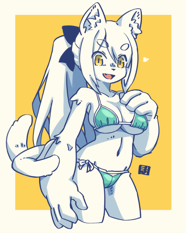 1girl :d animal_ear_fluff animal_ears bikini black_bow body_fur border bow breasts cat_ears cat_girl cat_tail cropped_legs fang furry furry_female green_bikini hair_bow large_breasts long_hair looking_at_viewer mawaru_(mawaru) multiple_tails navel open_mouth original ponytail skin_fang smile solo stomach suzubi_(mawaru) swimsuit tail white_border white_hair yellow_background yellow_eyes