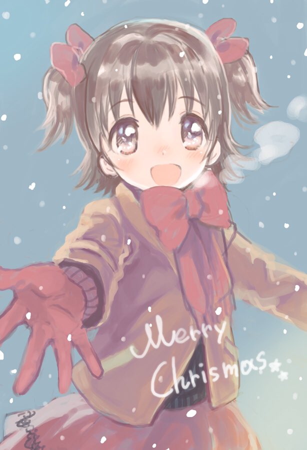 1girl akagi_miria amezawa_koma blush bow breath brown_eyes brown_hair brown_jacket gloves hair_bow idolmaster idolmaster_cinderella_girls jacket looking_at_viewer merry_christmas open_mouth red_bow red_gloves red_scarf red_skirt scarf short_hair sketch skirt smile snowing solo two_side_up winter winter_clothes