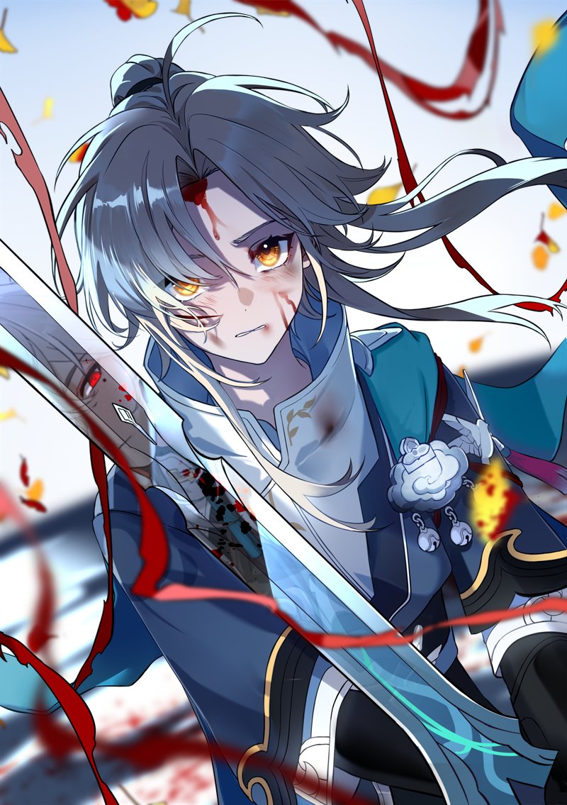 2boys androgynous blood blood_on_clothes blood_on_face blood_splatter chinese_clothes high_ponytail holding holding_sword holding_weapon honkai:_star_rail honkai_(series) jing_yuan long_hair long_sleeves looking_at_viewer male_focus mizumoe mole mole_under_eye multiple_boys ponytail sword weapon yanqing_(honkai:_star_rail) yellow_eyes