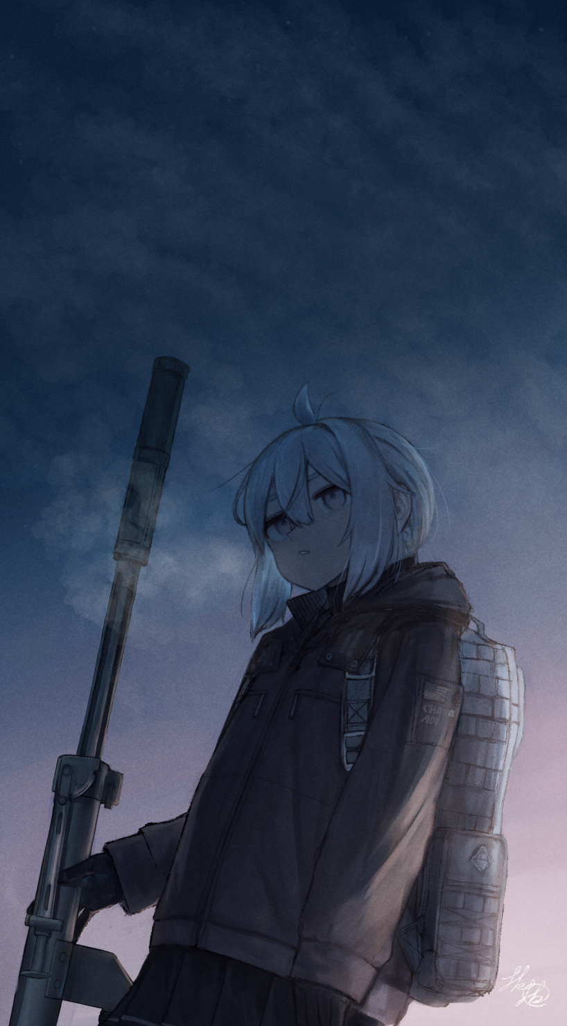 1girl ahoge backpack bag black_gloves black_skirt blue_sky bolt_action breath brown_jacket cheytac_m200 clouds cloudy_sky commentary commentary_request cowboy_shot girls_frontline gloves gradient_sky grey_eyes grey_hair gun high_collar highres holding holding_gun holding_weapon hood hood_down hooded_jacket jacket looking_up m200_(girls'_frontline) morning origumi parted_lips pink_sky pleated_skirt rifle shoulder_patches sidelighting sidelocks skirt sky sniper_rifle solo suppressor weapon