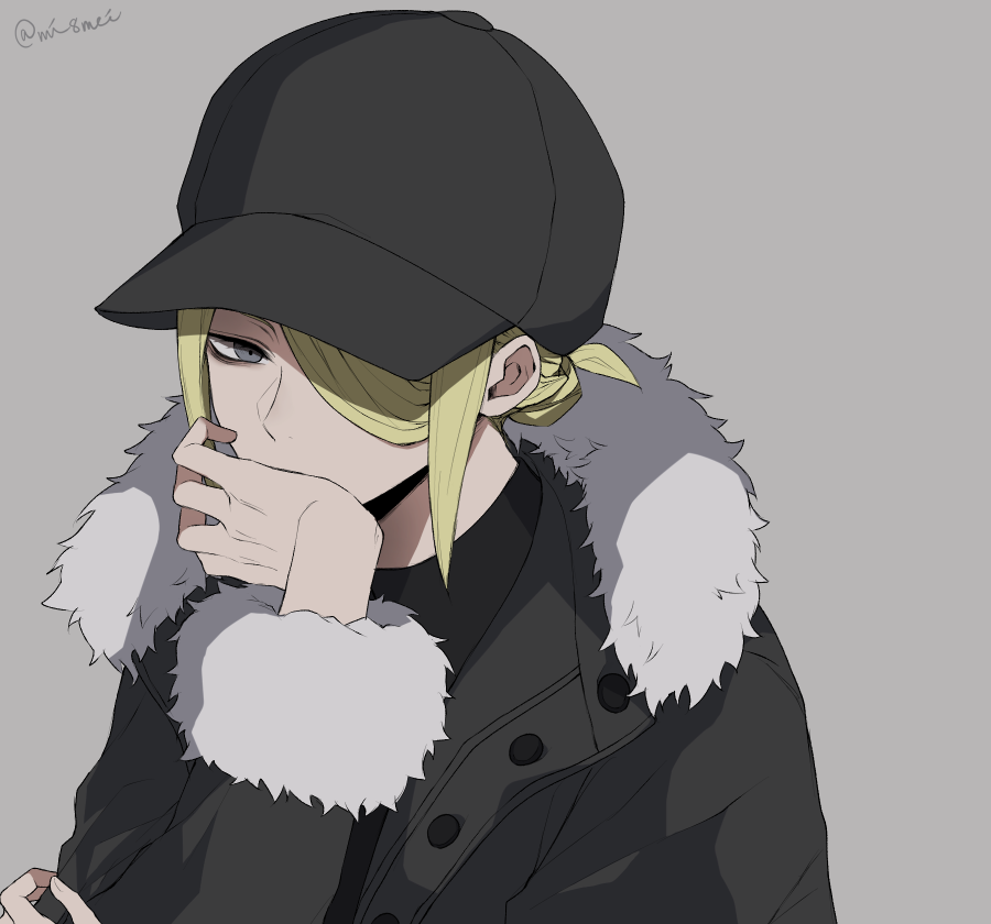 1boy alternate_costume blonde_hair blue_eyes covering_mouth hand_on_own_face hat jacket male_focus mi8mei pokemon pokemon_(game) pokemon_legends:_arceus sidelocks simple_background solo upper_body volo_(pokemon) winter_clothes