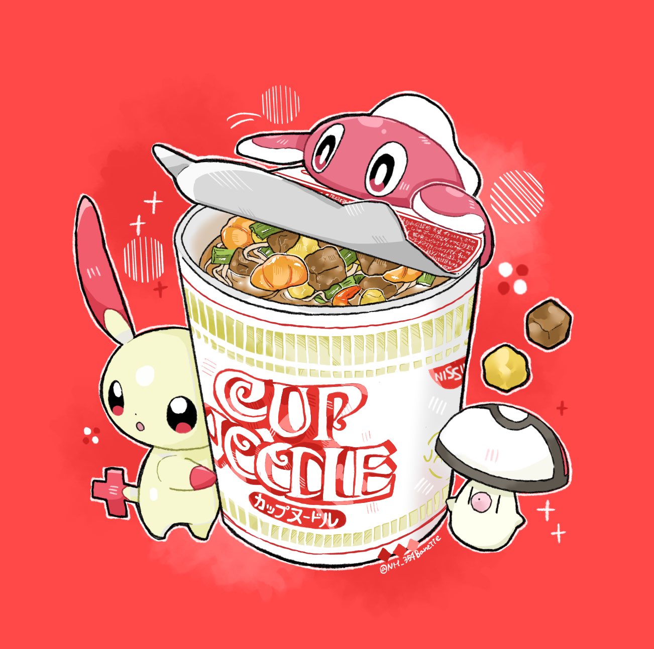 :o bright_pupils commentary_request cup_noodle fish food foongus highres nm_354banette no_humans noodles open_mouth outline plusle pokemon pokemon_(creature) ramen red_background sparkle standing tatsugiri twitter_username watermark white_pupils